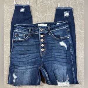 Kancan Exposed Button Fly Distressed high Rise Raw Hem Womens Jean Size 28